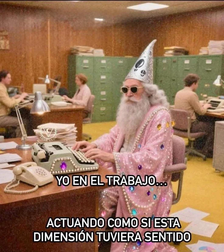 Un mago con barba blanca, sombrero puntiagudo y túnica rosa brillante con joyas, sentado en una oficina antigua escribiendo en una máquina d