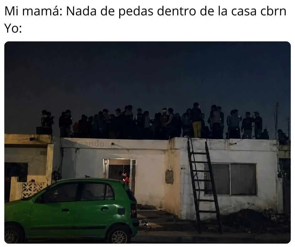 Un grupo de jóvenes de fiesta en la azotea de una casa por la noche, con una escalera apoyada en la pared.