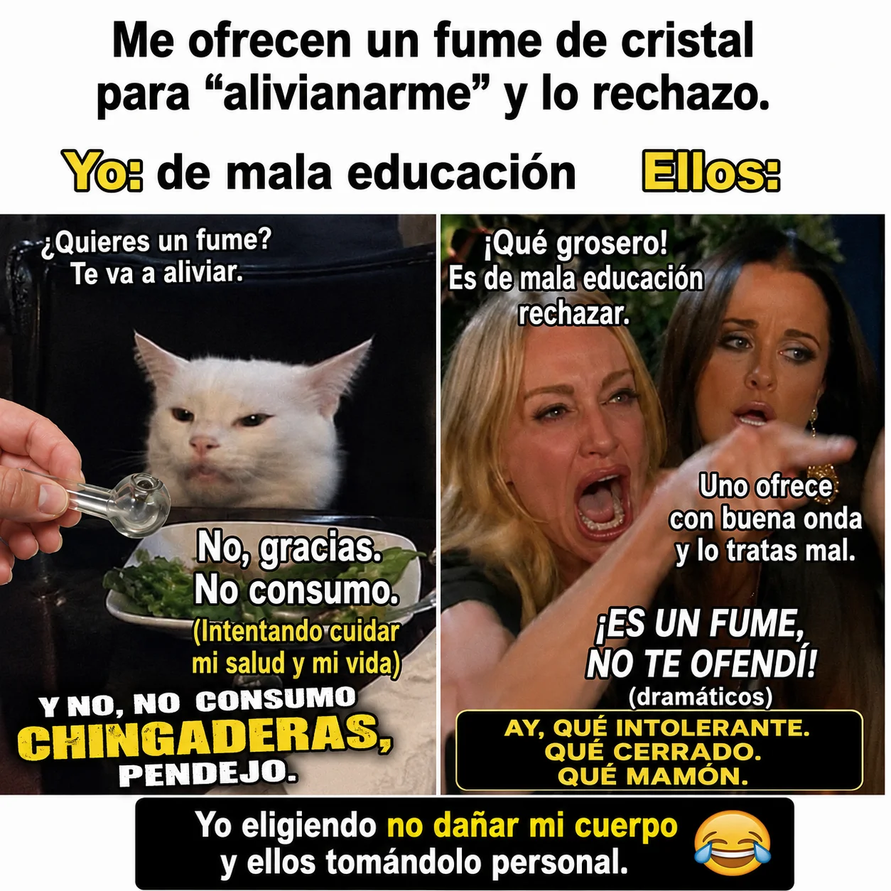 Meme del gato que rechaza un 'fume de cristal' y dos mujeres gritando indignadas, con texto sobre cuidar la salud y la mala educación.