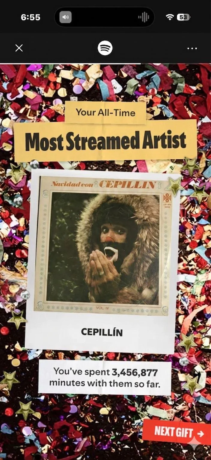 Captura de pantalla de Spotify Wrapped mostrando a Cepillín como el artista más escuchado con millones de minutos.