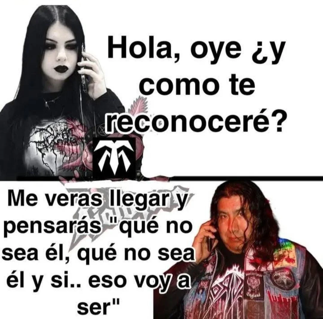 Meme de dos paneles donde una chica gótica pregunta cómo reconocer a alguien y un hombre metalero con chaleco de parches responde con humor