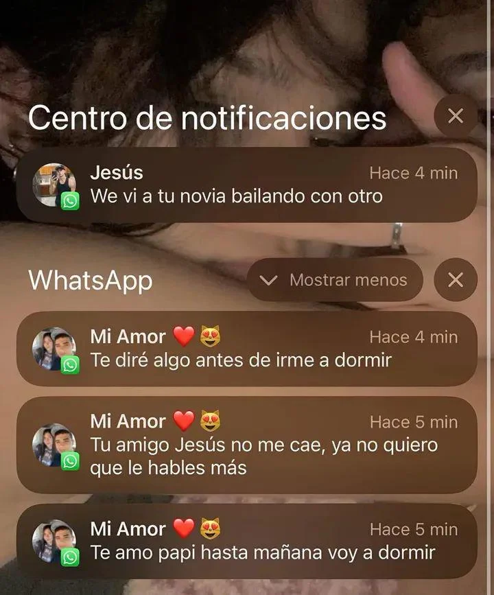 Captura de pantalla de notificaciones de WhatsApp mostrando un mensaje de Jesús diciendo que vio a la novia bailando con otro, seguido de me