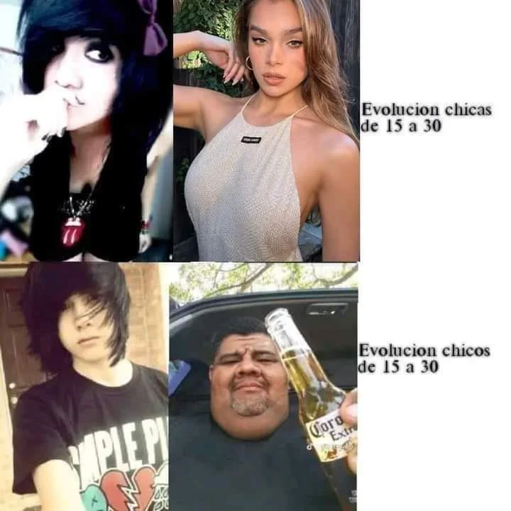 Meme comparando la evolución física de chicas (de emo a glamurosa) y chicos (de emo a hombre con cerveza) entre los 15 y 30 años.