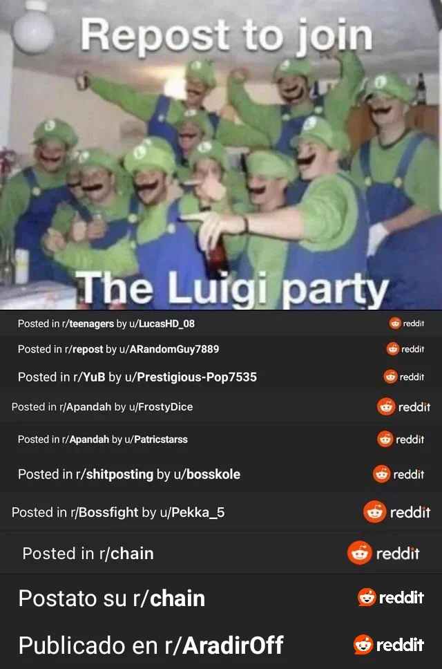 Un grupo de hombres disfrazados de Luigi en una fiesta, con el texto 'Repost to join The Luigi party' y una lista de subreddits de Reddit.