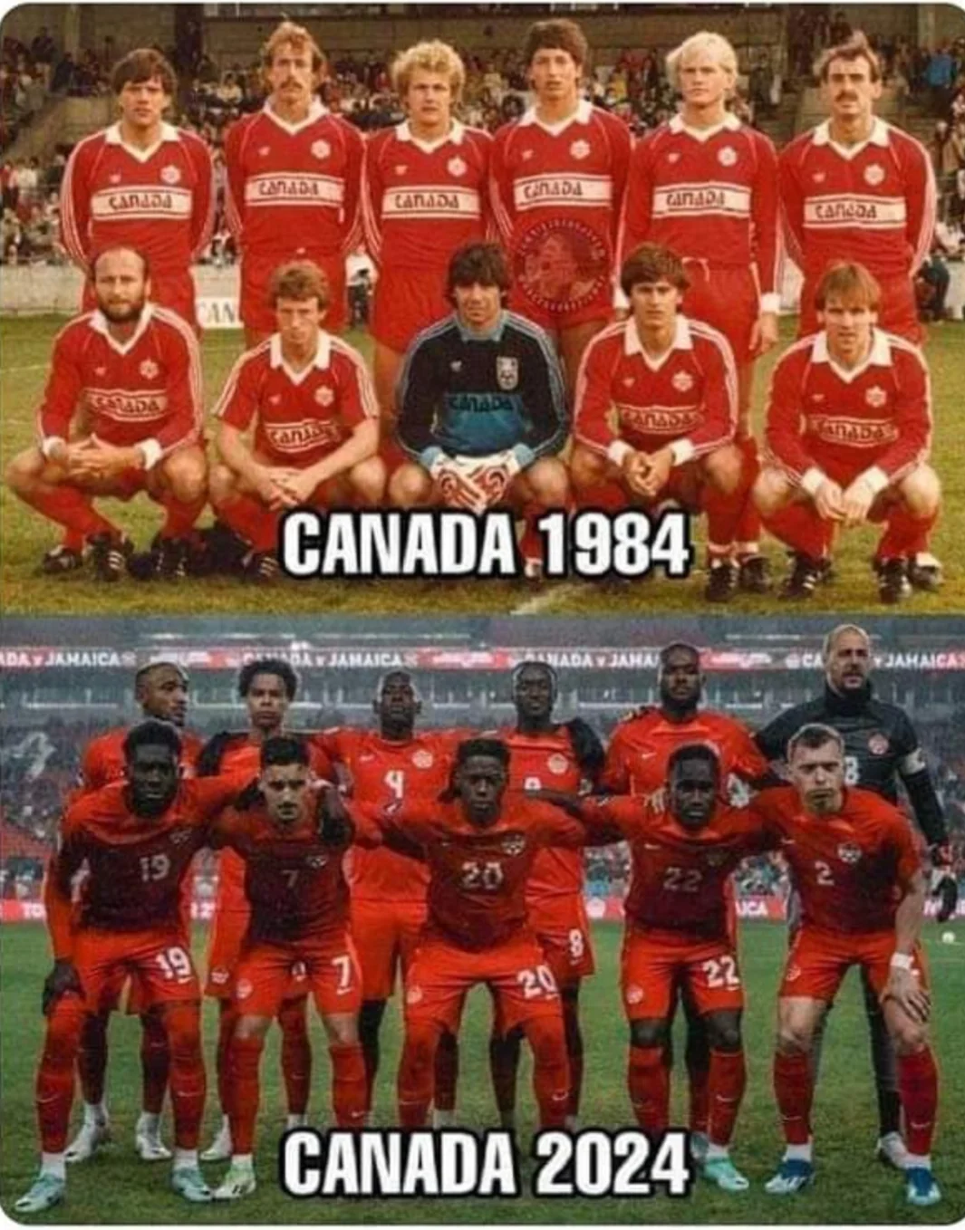 Meme que compara la selección de fútbol de Canadá de 1984, compuesta por jugadores blancos, con la de 2024, mayormente afrodescendientes.