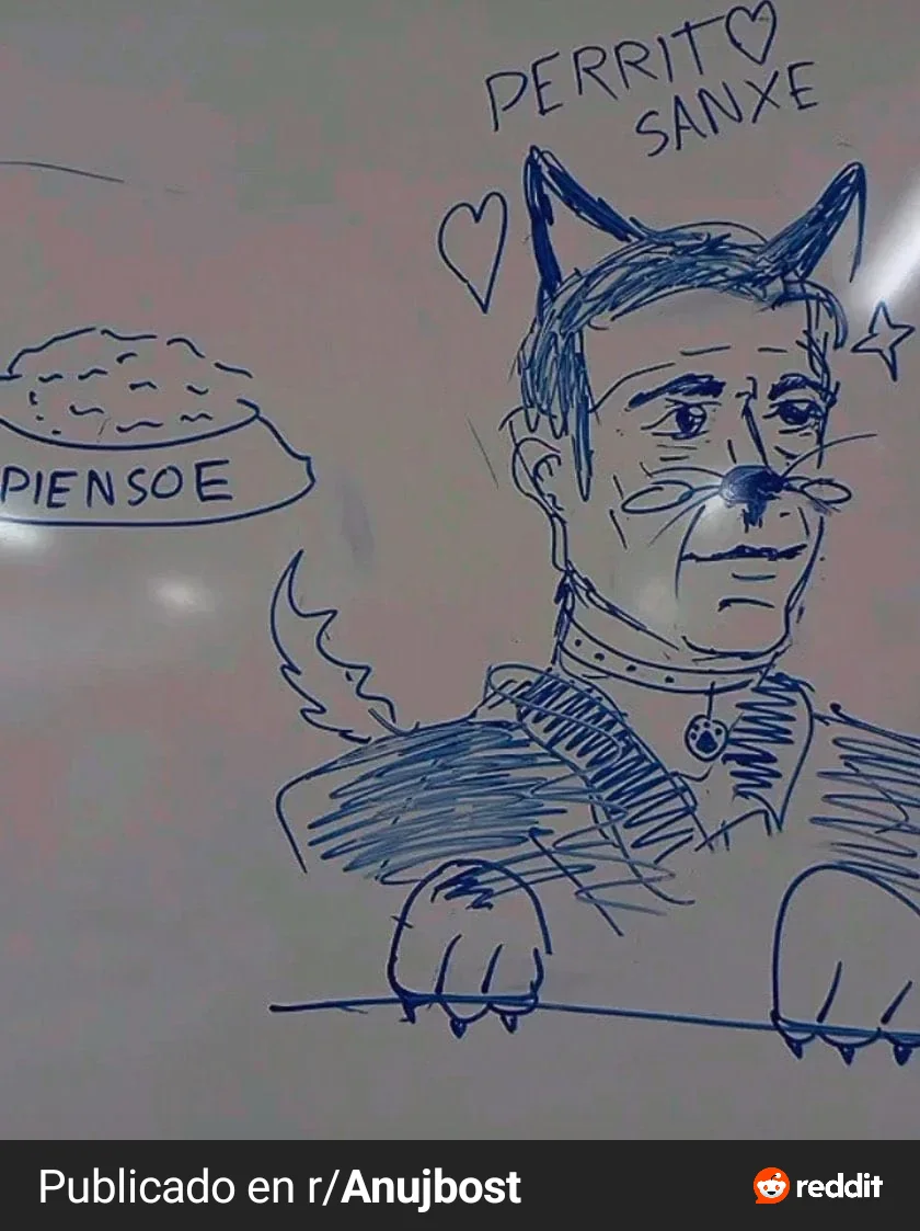Dibujo de un hombre con orejas de perro, nariz y bigotes, collar con cascabel, y una cola, junto a un plato con la palabra 'Piensoe'.
