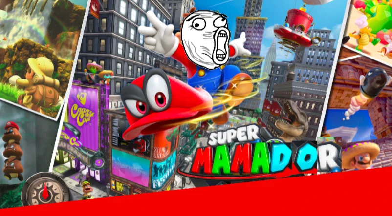 Meme de la portada de Super Mario Odyssey con la cara de Trollface en Mario y el título modificado a 'Super Mamador'.