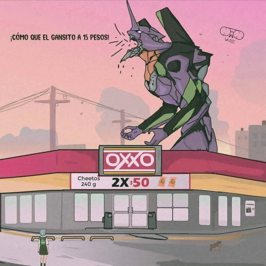 Un Eva gigante grita furioso sobre un Oxxo, preguntando por el precio del Gansito, mientras una chica tipo anime lo mira.