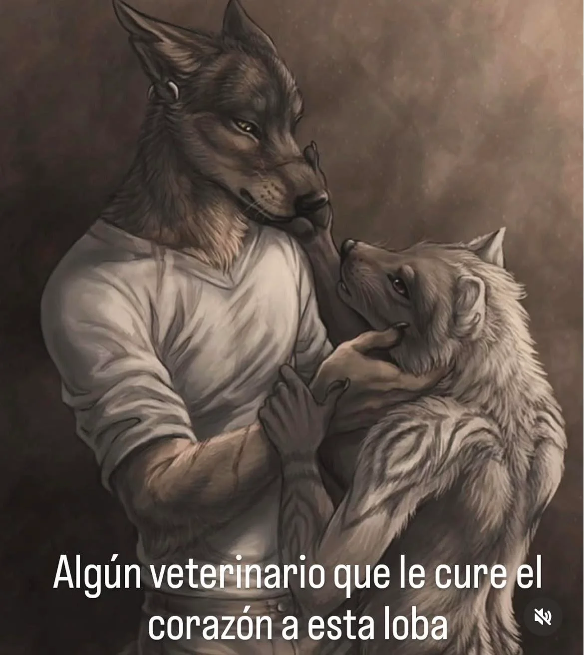 Ilustración de un lobo antropomórfico de pelaje oscuro abrazando tiernamente a una loba de pelaje claro, con texto que pide un veterinario p
